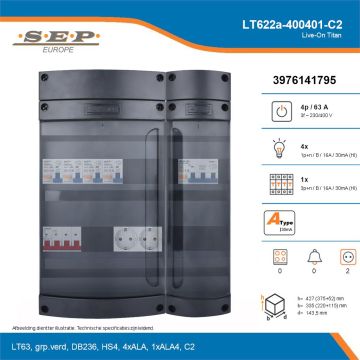 SEP Live-On Titan, LT622a-400401-C2, 63A, 3-fase groepenkast, 4-lichtgroepen, 1-krachtgroepen,  2V-contactdoos, technische details