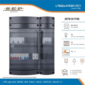 SEP Live-On Titan, LT622a-410301-FC1, 63A, 3-fase groepenkast, 3-lichtgroepen, 1-krachtgroepen, 1-fornuisgroep,  1V-contactdoos, technische details