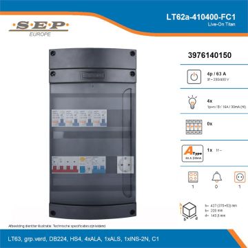 SEP Live-On Titan, LT62a-410400-FC1, 63A, 3-fase groepenkast, 4-lichtgroepen, 1-fornuisgroep,  1V-contactdoos, technische details