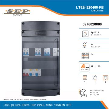 SEP Live-On Titan, LT62i-220400-FB, 63A, 3-fase groepenkast, 4-lichtgroepen, 1-fornuisgroep, 1-beltrafo, technische details