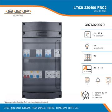 SEP Live-On Titan, LT62i-220400-FBC2, 63A, 3-fase groepenkast, 4-lichtgroepen, 1-fornuisgroep, 1-beltrafo,  2V-contactdoos, technische details