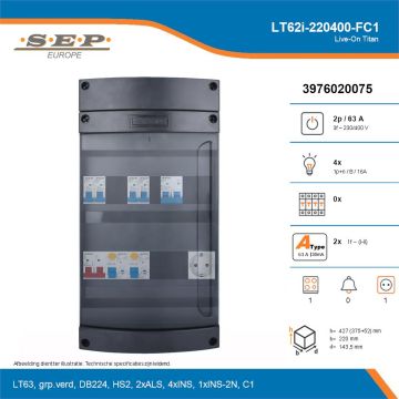 SEP Live-On Titan, LT62i-220400-FC1, 63A, 3-fase groepenkast, 4-lichtgroepen, 1-fornuisgroep,  1V-contactdoos, technische details