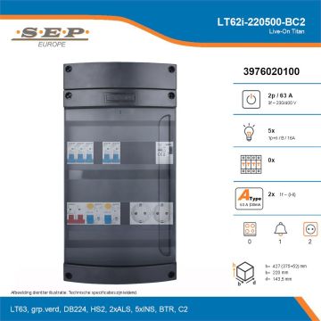 SEP Live-On Titan, LT62i-220500-BC2, 63A, 3-fase groepenkast, 5-lichtgroepen, 1-beltrafo,  2V-contactdoos, technische details
