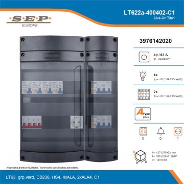 SEP Live-On Titan, LT622a-400402-C1, 63A, 3-fase groepenkast, 4-lichtgroepen, 2-krachtgroepen,  1V-contactdoos, technische details
