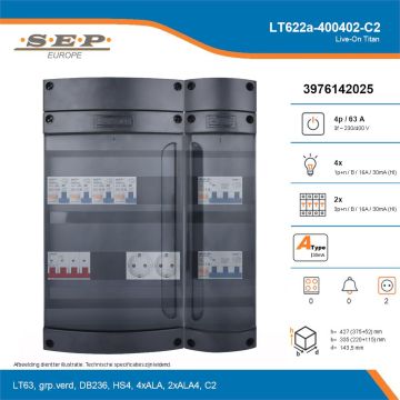 SEP Live-On Titan, LT622a-400402-C2, 63A, 3-fase groepenkast, 4-lichtgroepen, 2-krachtgroepen,  2V-contactdoos, technische details