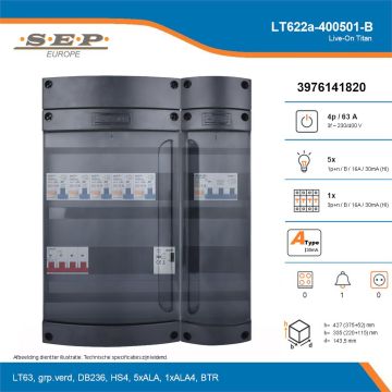 SEP Live-On Titan, LT622a-400501-B, 63A, 3-fase groepenkast, 5-lichtgroepen, 1-krachtgroepen, 1-beltrafo, technische details