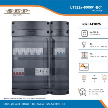 SEP Live-On Titan, LT622a-400501-BC1, 63A, 3-fase groepenkast, 5-lichtgroepen, 1-krachtgroepen, 1-beltrafo,  1V-contactdoos, technische details