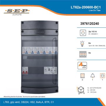 SEP Live-On Titan, LT62a-200600-BC1, 63A, 3-fase groepenkast, 6-lichtgroepen, 1-beltrafo,  1V-contactdoos, technische details