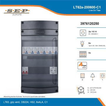SEP Live-On Titan, LT62a-200600-C1, 63A, 3-fase groepenkast, 6-lichtgroepen,  1V-contactdoos, technische details