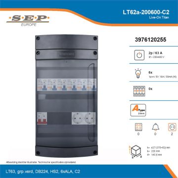 SEP Live-On Titan, LT62a-200600-C2, 63A, 3-fase groepenkast, 6-lichtgroepen,  2V-contactdoos, technische details