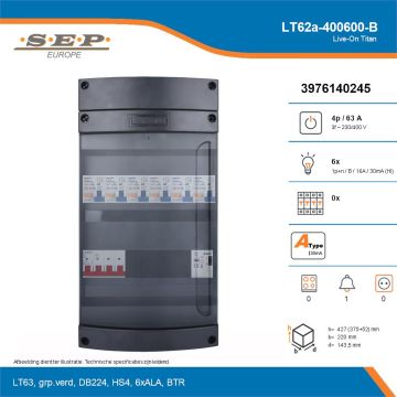 SEP Live-On Titan, LT62a-400600-B, 63A, 3-fase groepenkast, 6-lichtgroepen, 1-beltrafo, technische details