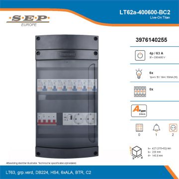 SEP Live-On Titan, LT62a-400600-BC2, 63A, 3-fase groepenkast, 6-lichtgroepen, 1-beltrafo,  2V-contactdoos, technische details