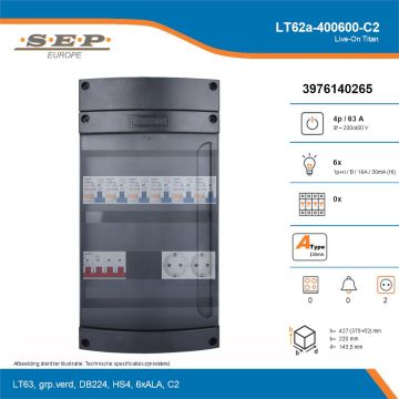 SEP Live-On Titan, LT62a-400600-C2, 63A, 3-fase groepenkast, 6-lichtgroepen,  2V-contactdoos, technische details