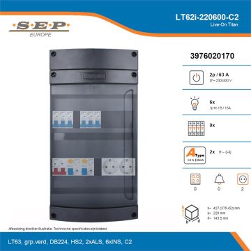 SEP Live-On Titan, LT62i-220600-C2, 63A, 3-fase groepenkast, 6-lichtgroepen,  2V-contactdoos, technische details