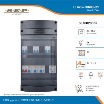 SEP Live-On Titan, LT62i-230600-C1, 63A, 3-fase groepenkast, 6-lichtgroepen,  1V-contactdoos, technische details