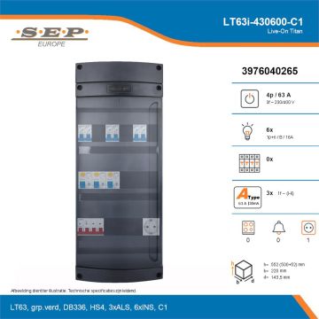 SEP Live-On Titan, LT63i-430600-C1, 63A, 3-fase groepenkast, 6-lichtgroepen,  1V-contactdoos, technische details