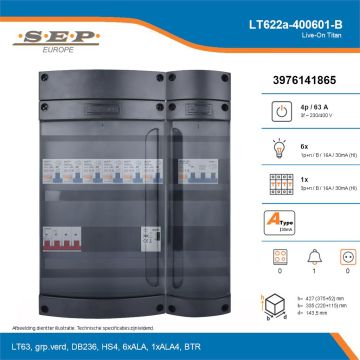 SEP Live-On Titan, LT622a-400601-B, 63A, 3-fase groepenkast, 6-lichtgroepen, 1-krachtgroepen, 1-beltrafo, technische details