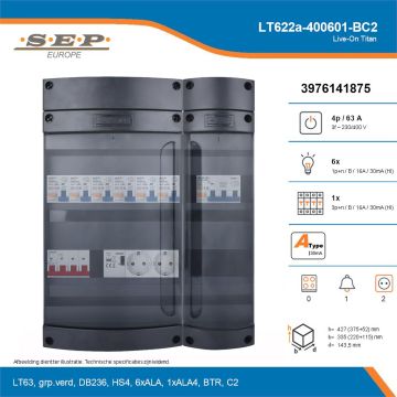 SEP Live-On Titan, LT622a-400601-BC2, 63A, 3-fase groepenkast, 6-lichtgroepen, 1-krachtgroepen, 1-beltrafo,  2V-contactdoos, technische details