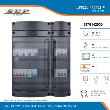 SEP Live-On Titan, LT622a-410402-F, 63A, 3-fase groepenkast, 4-lichtgroepen, 2-krachtgroepen, 1-fornuisgroep, technische details