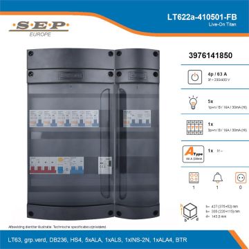 SEP Live-On Titan, LT622a-410501-FB, 63A, 3-fase groepenkast, 5-lichtgroepen, 1-krachtgroepen, 1-fornuisgroep, 1-beltrafo, technische details