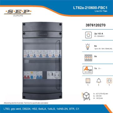 SEP Live-On Titan, LT62a-210600-FBC1, 63A, 3-fase groepenkast, 6-lichtgroepen, 1-fornuisgroep, 1-beltrafo,  1V-contactdoos, technische details