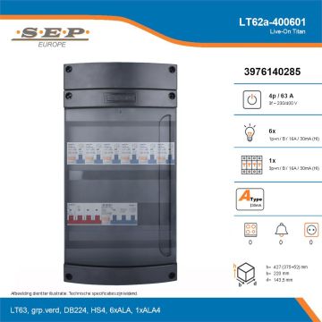 SEP Live-On Titan, LT62a-400601, 63A, 3-fase groepenkast, 6-lichtgroepen, 1-krachtgroepen, technische details