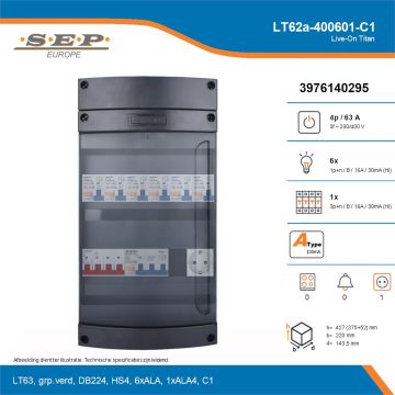 SEP Live-On Titan, LT62a-400601-C1, 63A, 3-fase groepenkast, 6-lichtgroepen, 1-krachtgroepen,  1V-contactdoos, technische details