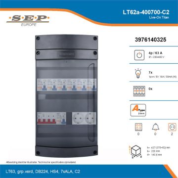 SEP Live-On Titan, LT62a-400700-C2, 63A, 3-fase groepenkast, 7-lichtgroepen,  2V-contactdoos, technische details