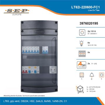 SEP Live-On Titan, LT62i-220600-FC1, 63A, 3-fase groepenkast, 6-lichtgroepen, 1-fornuisgroep,  1V-contactdoos, technische details
