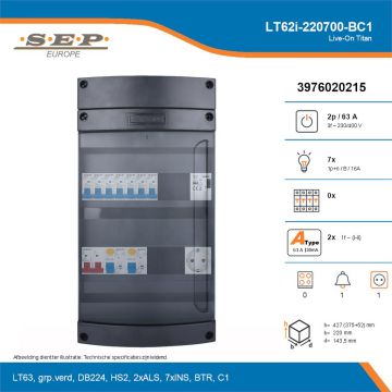 SEP Live-On Titan, LT62i-220700-BC1, 63A, 3-fase groepenkast, 7-lichtgroepen, 1-beltrafo,  1V-contactdoos, technische details