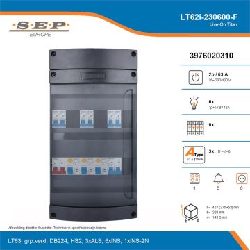 SEP Live-On Titan, LT62i-230600-F, 63A, 3-fase groepenkast, 6-lichtgroepen, 1-fornuisgroep, technische details