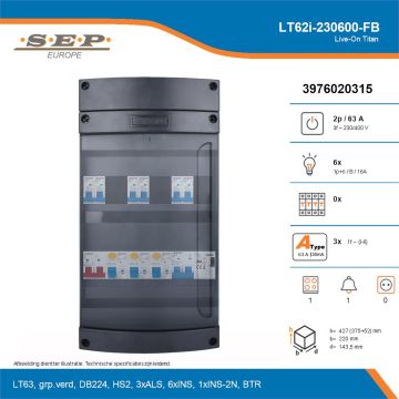 SEP Live-On Titan, LT62i-230600-FB, 63A, 3-fase groepenkast, 6-lichtgroepen, 1-fornuisgroep, 1-beltrafo, technische details