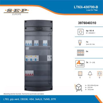SEP Live-On Titan, LT63i-430700-B, 63A, 3-fase groepenkast, 7-lichtgroepen, 1-beltrafo, technische details