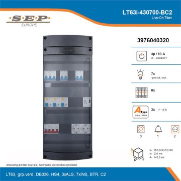 SEP Live-On Titan, LT63i-430700-BC2, 63A, 3-fase groepenkast, 7-lichtgroepen, 1-beltrafo,  2V-contactdoos, technische details