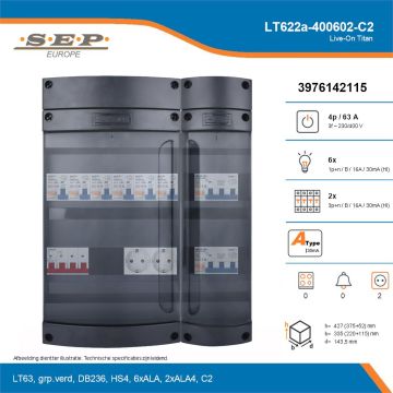 SEP Live-On Titan, LT622a-400602-C2, 63A, 3-fase groepenkast, 6-lichtgroepen, 2-krachtgroepen,  2V-contactdoos, technische details