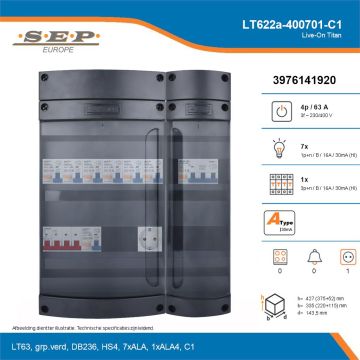 SEP Live-On Titan, LT622a-400701-C1, 63A, 3-fase groepenkast, 7-lichtgroepen, 1-krachtgroepen,  1V-contactdoos, technische details