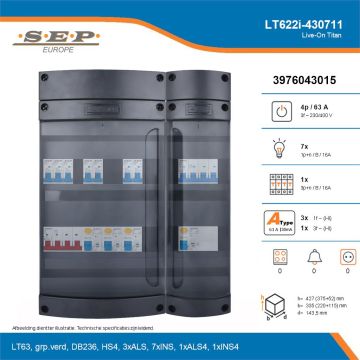 SEP Live-On Titan, LT622i-430711, 63A, 3-fase groepenkast, 7-lichtgroepen, 1-krachtgroepen, technische details