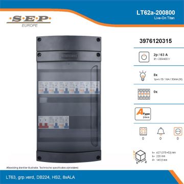 SEP Live-On Titan, LT62a-200800, 63A, 3-fase groepenkast, 8-lichtgroepen, technische details