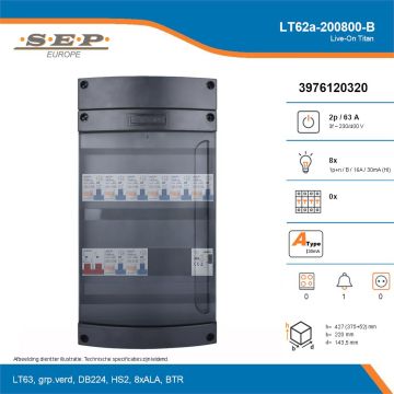 SEP Live-On Titan, LT62a-200800-B, 63A, 3-fase groepenkast, 8-lichtgroepen, 1-beltrafo, technische details