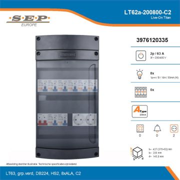 SEP Live-On Titan, LT62a-200800-C2, 63A, 3-fase groepenkast, 8-lichtgroepen,  2V-contactdoos, technische details