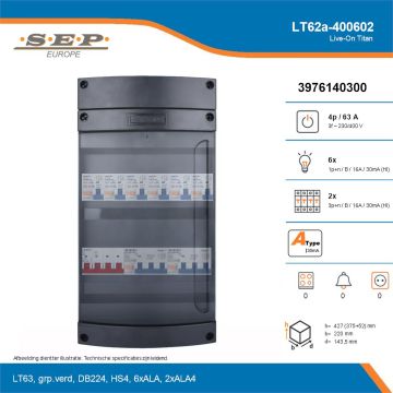 SEP Live-On Titan, LT62a-400602, 63A, 3-fase groepenkast, 6-lichtgroepen, 2-krachtgroepen, technische details