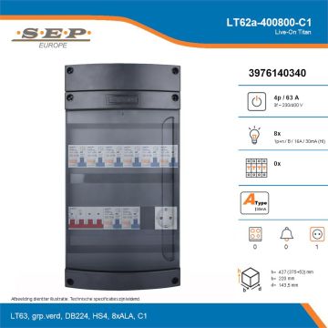 SEP Live-On Titan, LT62a-400800-C1, 63A, 3-fase groepenkast, 8-lichtgroepen,  1V-contactdoos, technische details