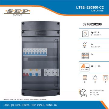 SEP Live-On Titan, LT62i-220800-C2, 63A, 3-fase groepenkast, 8-lichtgroepen,  2V-contactdoos, technische details