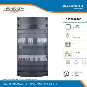 SEP Live-On Titan, LT62i-430700-FB, 63A, 3-fase groepenkast, 7-lichtgroepen, 1-fornuisgroep, 1-beltrafo, technische details