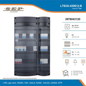 SEP Live-On Titan, LT633i-430612-B, 63A, 3-fase groepenkast, 6-lichtgroepen, 2-krachtgroepen, 1-beltrafo, technische details