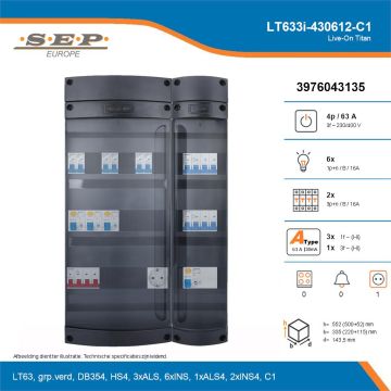 SEP Live-On Titan, LT633i-430612-C1, 63A, 3-fase groepenkast, 6-lichtgroepen, 2-krachtgroepen,  1V-contactdoos, technische details