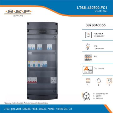 SEP Live-On Titan, LT63i-430700-FC1, 63A, 3-fase groepenkast, 7-lichtgroepen, 1-fornuisgroep,  1V-contactdoos, technische details