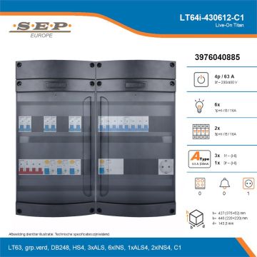 SEP Live-On Titan, LT64i-430612-C1, 63A, 3-fase groepenkast, 6-lichtgroepen, 2-krachtgroepen,  1V-contactdoos, technische details