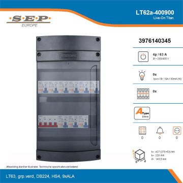 SEP Live-On Titan, LT62a-400900, 63A, 3-fase groepenkast, 9-lichtgroepen, technische details