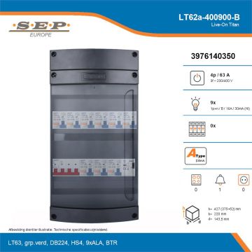 SEP Live-On Titan, LT62a-400900-B, 63A, 3-fase groepenkast, 9-lichtgroepen, 1-beltrafo, technische details